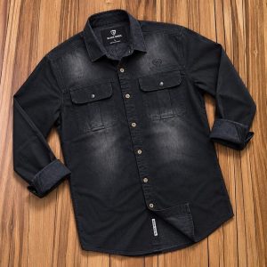 Most Demanding Black Faded Denim Double Pocket Shirt